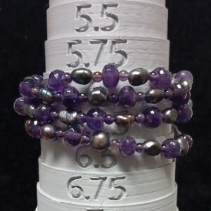 Amethyst and Purple Pearl Multi-Strand Wrap Bracelet - Unbranded 925 Clasp